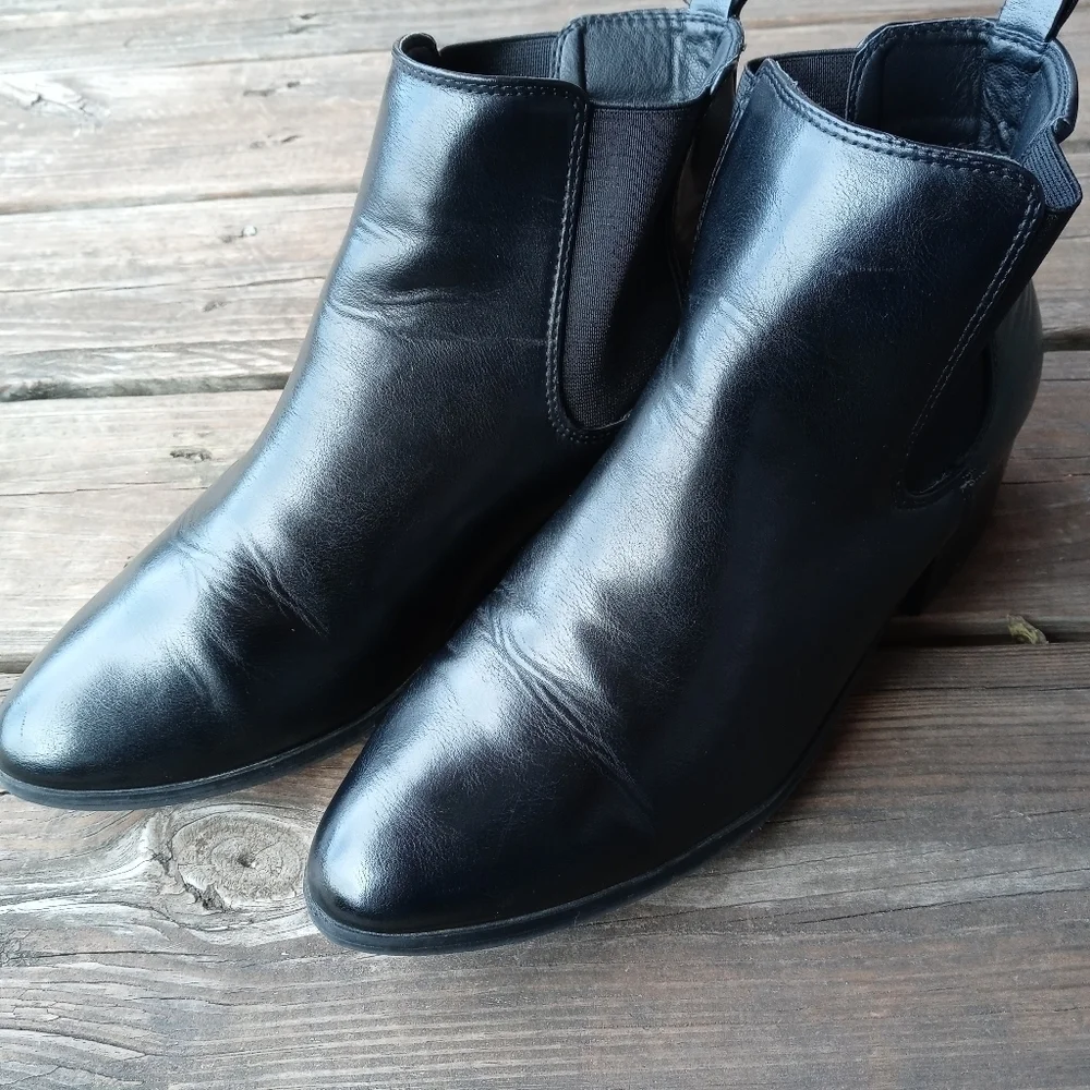 A New Day - Black Pull On 2" Block Heel Black leather Ankle Booties - Size 11 Wo